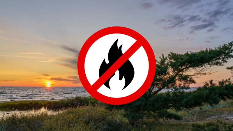 En symbol med en överstryken eld vid en strand.