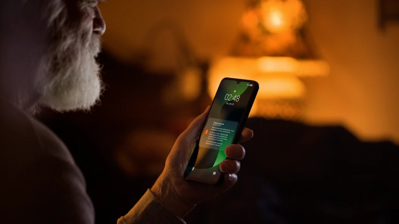 En man som håller en mobiltelefon i handen.
