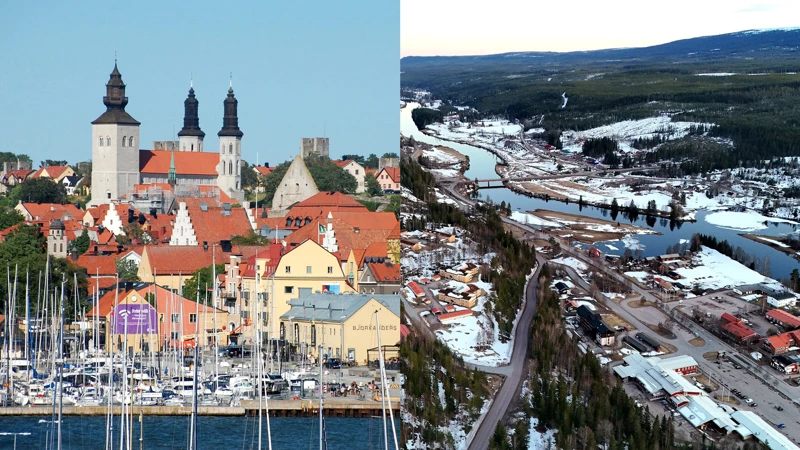 Ett delat foto av en stad och en hamn.