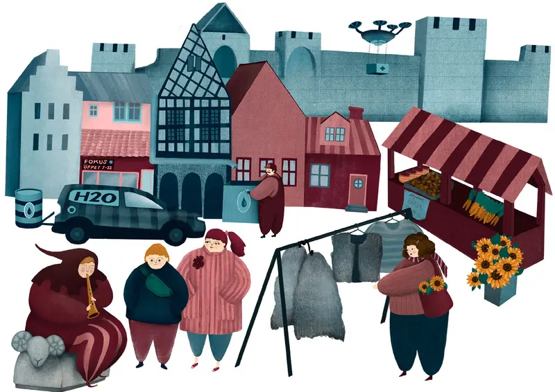 Illustration av Hansestaden Visby. 