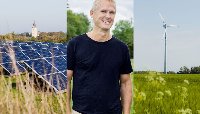 Tredelad bild, solpaneler på ett fält, en man ler mot kameran, vindkraftverk bredvid ett sädesfält