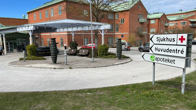 En gatuskylt framför Visby lasaretts huvudentré.