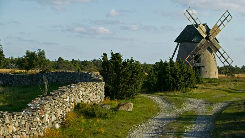 Väderkvarn och stenmur i vacker kvällssol