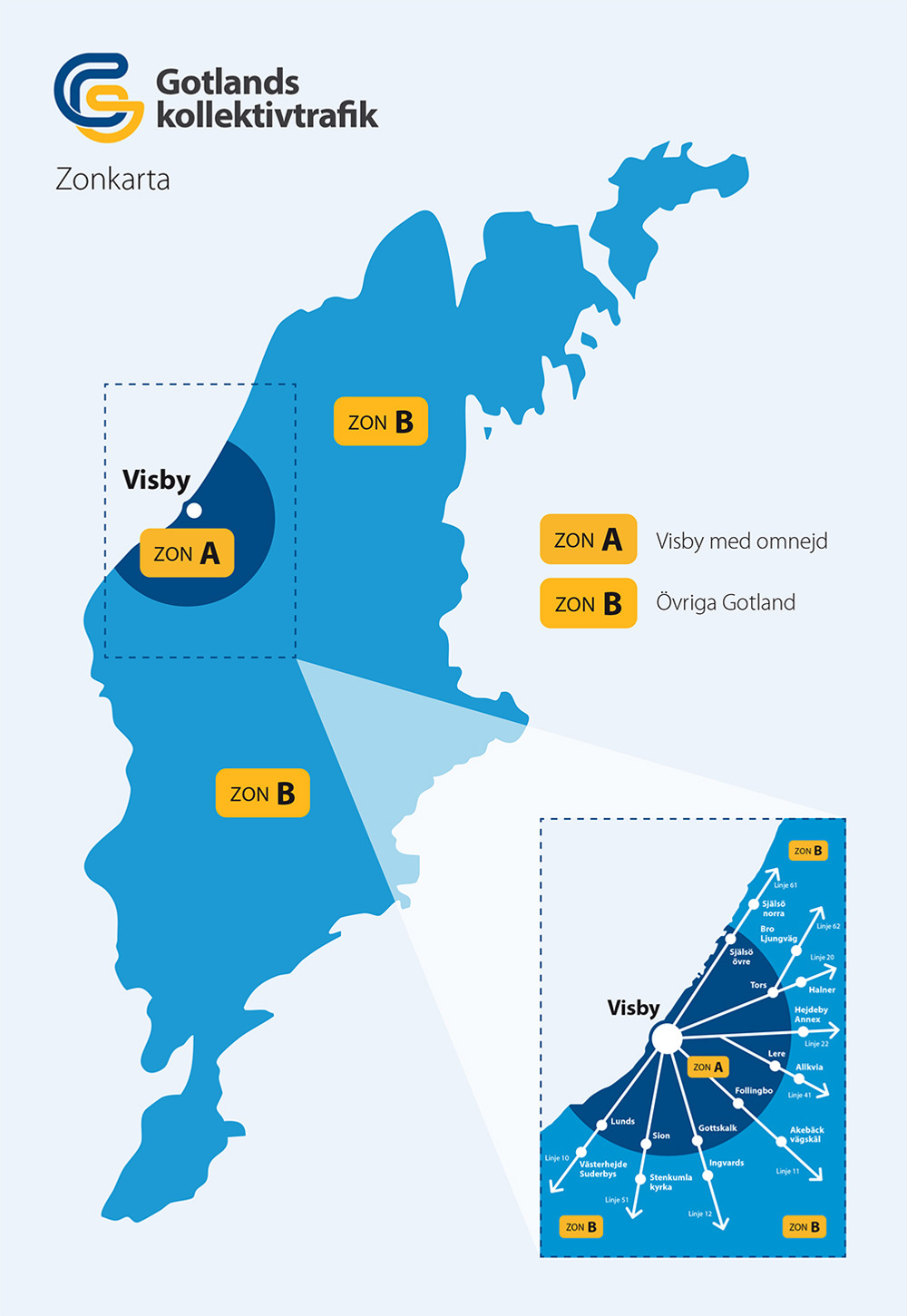En karta över Gotland som visar zoner för kollektivtrafik