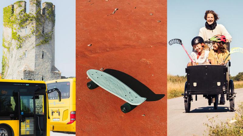 Ett fotocollage med en kvinna med lådckel och en skateboard och gula bussar.