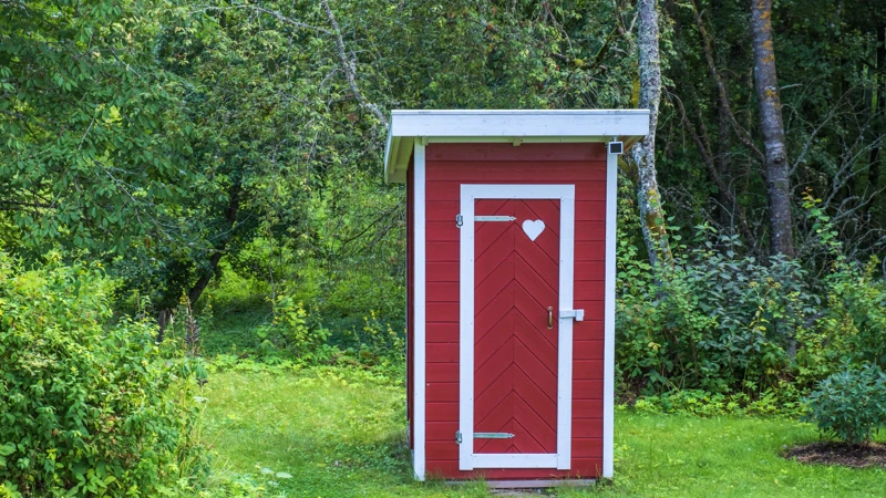 Ett litet rött utedass mitt i en skog.