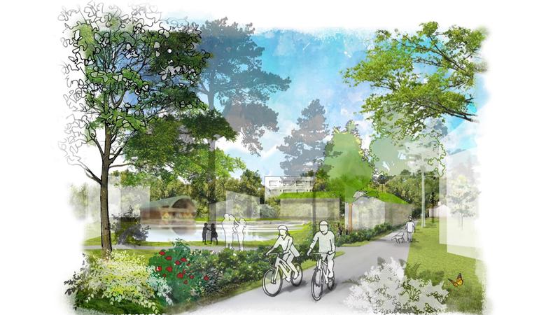 Illustration där två personer cyklar i ett grönskande bostadsområde. 