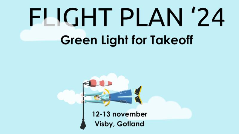 Illustration av moln och någon som hänger i en vindstrumpa. På bilden finns texten Flight plan 24, Green Light for Takeoff 12-3 november Visby Gotland.