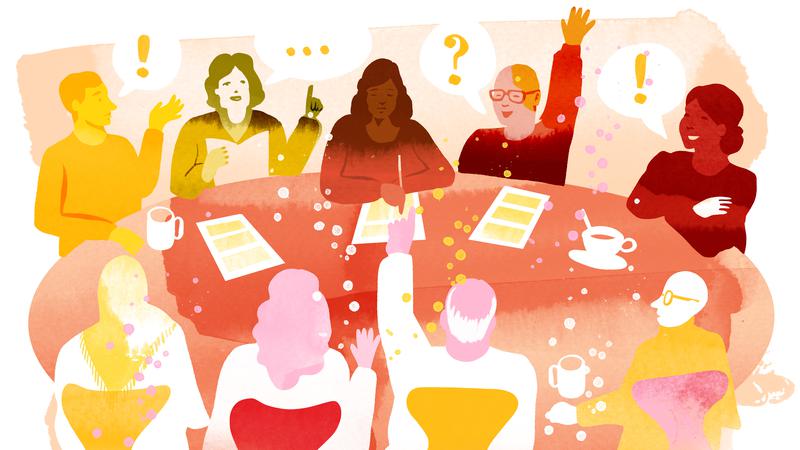 Illustration av personer som sitter runt ett bord