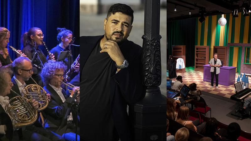 Ett kollage med blåsorkester, en författare och en bild inifrån en teater