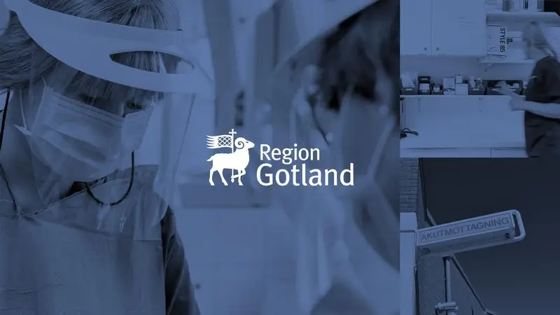 Bildkollage med foton från sjukvårdsmiljöer med Region Gotlands logga i mitten.