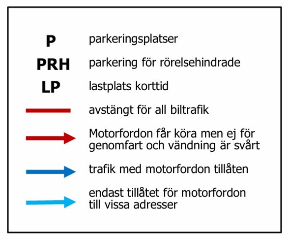 Teckenförklaring för kartan med trafikanpassningar vid Stora torget i Visby.
