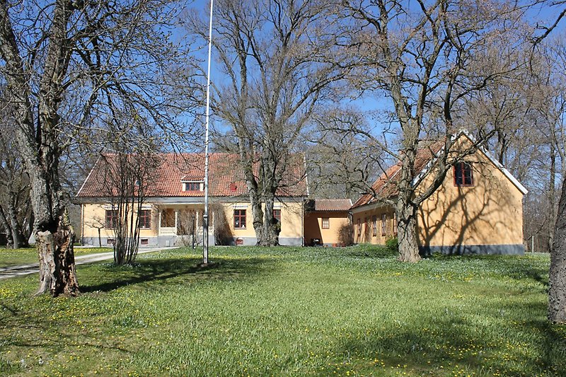 Två gula envåningsbyggnader med röda fönster och sadeltak.